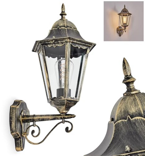 HOFSTEIN Außenwandleuchte Hongkong, Außenwandlampe aus Metall/Glas in Schwarz/Goldfarben/Klar, Wandleuchte außen im Vintage/Antik/Landhaus-Design, Garten, Hof, Haustür, E27, IP44