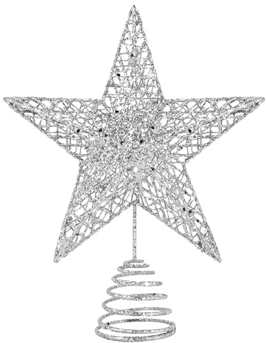 KEYIDO Christmas Tree Topper, Silver 3D Hollow Glitter Tree Star, 10 Inch Large Metal Christmas Treetop Star for Xmas Tree Topper Ornaments Christmas Home Decorations