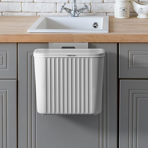 Warmiehomy 7L Under Sink Hanging Kitchen Bin with Lid, Grey | Wall-mounted Compost Bins, Food Waste Trash Bin with Lid, for Cabinet Cupboard & Bathroom, 26 x 15.5 x 23.1cm
