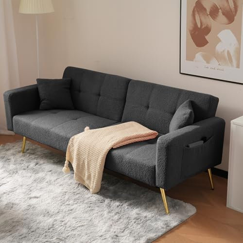 Dolamaní 2-in-1 Schlafsofa Sofa Couch mit Schlaffunktion, Verstellbarer Rückenlehne, goldenen Beinen, mit Kissen (Grau)