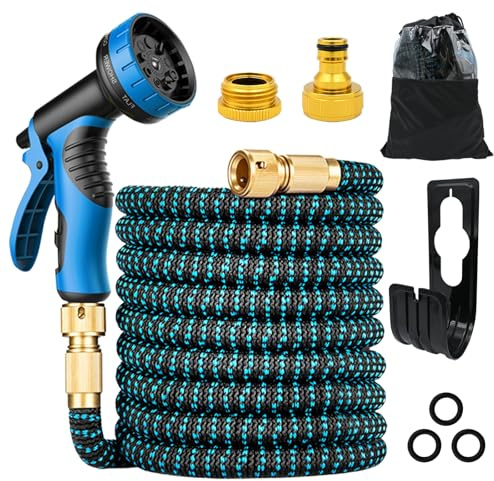 Expandable Flexible Garden Hose Magic Hose Pipes Car Washing Gardening Hose with 7 Setting Professional Water Spray Nozzle Gun (Metal connectors 75FT Blue Black)