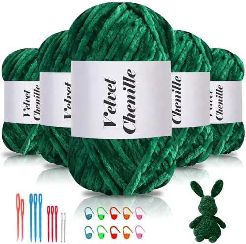 Maxee 500g(5×100g) Samtig Babywolle, Samt Chenille Garn mit Häkelwerkzeuge, Kuschelweich Velvet Chenillegarn Flauschige, Weich Plüschwolle Häkelgarn Wolle zum Stricken & Häkeln