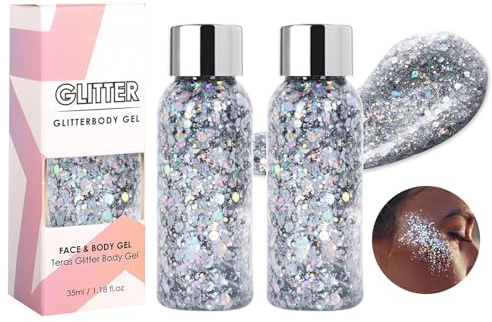 Glitzer Gesicht, Haar, langanhaltendes Glitzer-Make-up für Gesicht, Körper, Augen, Haare, Nägel, DIY-Kunst, Festival Zubehör, Festival Outfit Halloween Damen,35 ml * 2 Stück