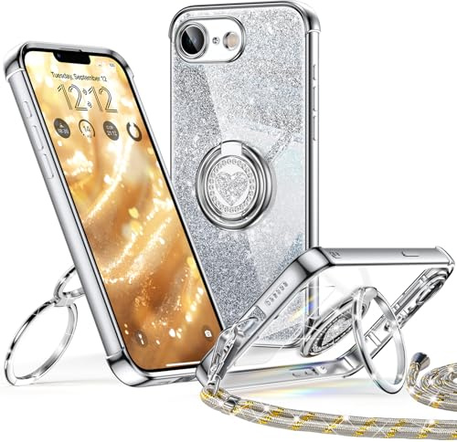XYZ für iPhone 17E / 16E Hülle mit Band, Herzen Doppelring Ständer | Luxus Glitzer HandyHülle Kameraschutz, Frauen Stoßfest Elektroplattiert Case Soft TPU SchutzHülle Clear, Silber