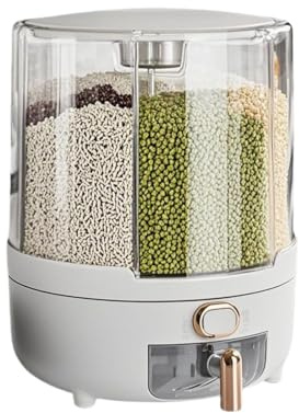 Grain Dispenser with 360° Rotating 6 Grids | One-Click Pantry Organizer | BPA-Free Clear Airtight Container for Rice, Cereal, Millet, Beans & Coffee | Dispensing Cereal & Kitchen Storage Container