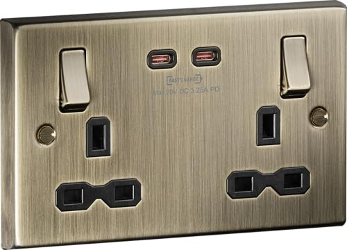 Raised Edge Double Switched Socket, Square, Dual USB-C [65W Fast Charge] – Antique Brass