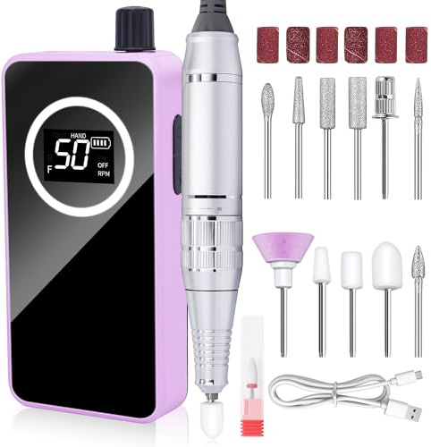 Nail Drill, Portable Electric Nail File 50000RPM, Rechargeable Nail Drill Professional with Bits for Acrylic Gel Nails, E-File Machine Manicure Polishing for Salon Home, Purple