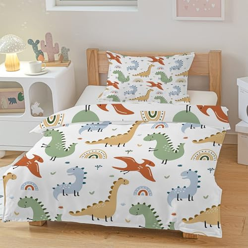 CCZM Dinosaurier Kinderbettwäsche 120x150 2-teilig - Weiche Mikrofaser Bettbezug & Kissenbezug 40x60 mit Reißverschluss - Wende Regenbogentiere Cartoon Dinosaurier Design für Jungen & Mädchen - E-68