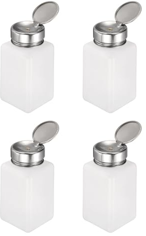 sourcing map 4pcs Solvent Alcohol Dispenser 200ml(6.7oz) Nail Polish Remover Push Down Liquid Dispenser Pump Bottle with Stainless Steel Press Head for Acetone Solution, White