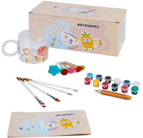 Glass Tassen Bemalen set mit Hochglanz Porzellanfarbe, Mug Cup mit Drehhenkel DIY set Erwachsene Spülmaschinenfes, Kreativ Painting Geschenk für Eltern-Kinder/Liebhaber/Freund