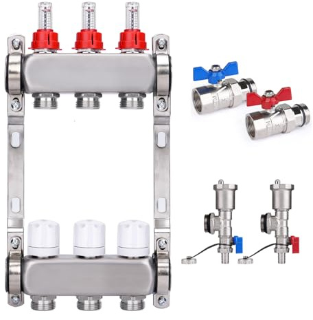 Edelstahl Heizkreisverteiler für Fußbodenheizung [3 Heizkreise, Entlüfter 1/2, 2X Kugelhähne 1] Verteiler mit Durchflussmesser (0.5-5 L/Min), Anschlüsse für Eurokonus 3/4