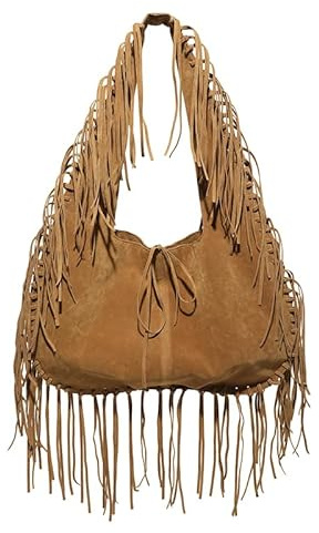 Bolso Hobo vintage con flecos y borla en las axilas, bolso grande para mujer, marrón claro, 320*110*280mm/12.6*4.33*11.02inch