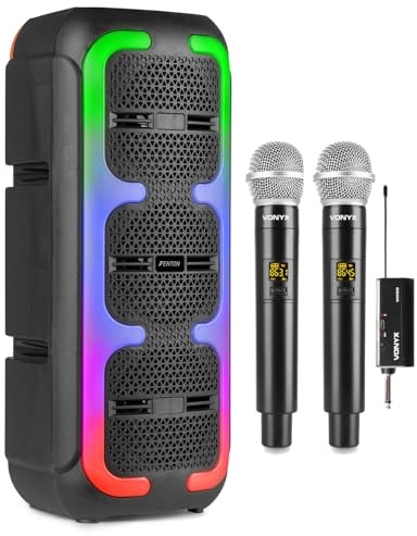 Fenton Track310 Portable Bluetooth Karoake Speaker System with Two Wireless Microphones, Rechargeable Home Karaoke Setup with LED Lighting, Complete Karaoke Speaker and Mic Package