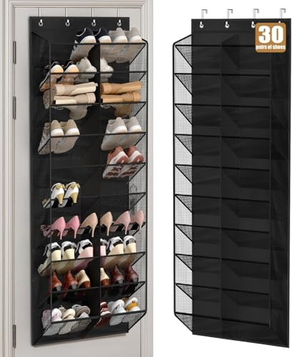 MISSLO Tür Schuhregal Hängend für 30 Paar Schuhe – Mesh-Türorganizer Hängeorganizer mit breiten Taschen, 10 Etagen Schuhorganizer Hängend, geeignet für Sportschuhe, Stiefel Aufbewahrung (Schwarz)