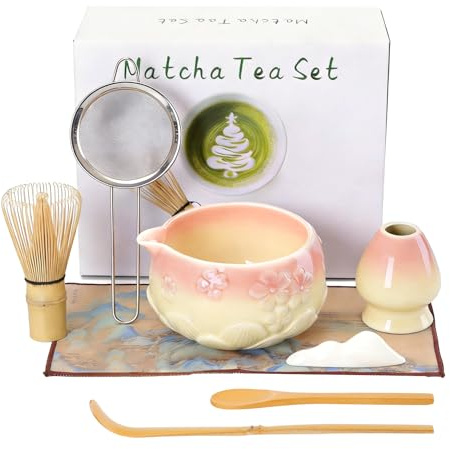 8 Piezas Matcha Kit,Te Matcha Kit Con Batidor de Bambú (Soporte),Tazón de Matcha con Pico,Colador de Té,Cuchara y Soporte para Cuchara,para la Ceremonia del Té, Rosa Degradado