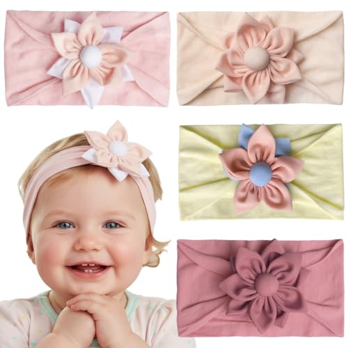 BAHME 4 Stück Baby Blumen Stirnbänder, Baby Turban, Stirnband mit Blumendesign, Weiche und Elastische Haarbänder, Niedlich Floral Haarbänder, Haarreif für Neugeborene, Kleinkinder