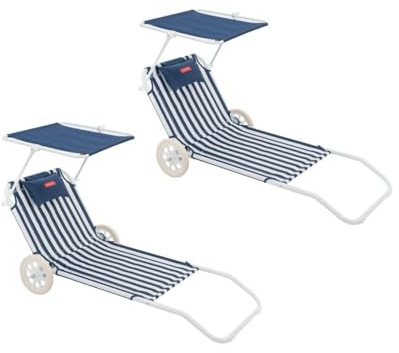 Flamingueo - Pack 2 Sillas Playa - Tumbona Plegable - 5 Posiciones - Parasol Ajustable UPF 50+ - Almohada Ergonómica - Convertible en Carrito de Transporte