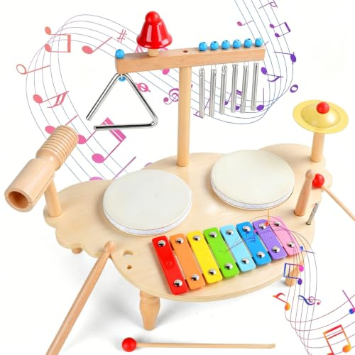 Tamburo Bambino in Legno, 7 in 1 Set Strumenti Musicali per Bambini con Xilofono, Batteria Giocattolo Montessori, Giochi Legno Regalo per Bambina e Bambino 3 4 5 Anni