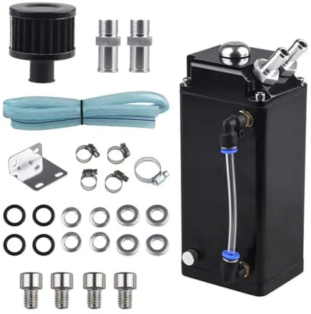 Universal bilmotorform oljefångare fyrkantig aluminium 2-portars oljetankreservoar med luftfilter & SILIKONSLANG Servostyrningsolja Behållare(Black)