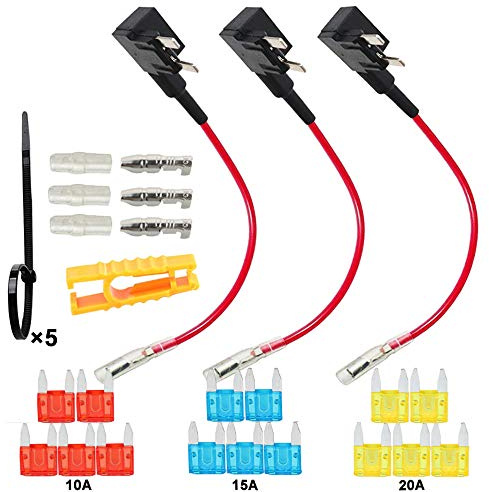 QitinDasen 3Pcs Premium 12V / 24V Kleiner Add-a-Circuit Sicherungshalter, Klinge Sicherungshalter, KFZ Sicherung Tap, Flachsicherungsadapter mit 15Pcs Mini Blade Sicherung