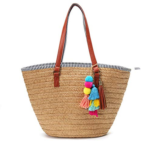 Solyinne Stroh Strandtasche Große Gewebte Strohtasche Handtasche Damen Gewebt Tote Tasche Sommer Strand Tote mit Quaste für Reisen