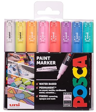 POSCA PC-1M Extra-Fine Tip Acrylic Paint Marker Pens, 8 Pastel Colours | 8 Vibrant, Permanent Colours, 0.7–1 mm Tip, Suitable for All Surfaces, Water-Based, Biodegradable Packaging