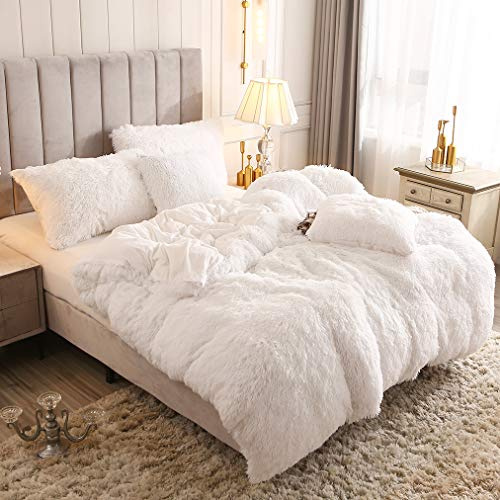 Uhamho Luxury Fluffy 1PC Solid Duvet Cover Faux Fur Plush Shaggy Quilt Cover Velvet Bedspread Zipper Closure, No Pillow Sham, No Comforter (White, Twin)