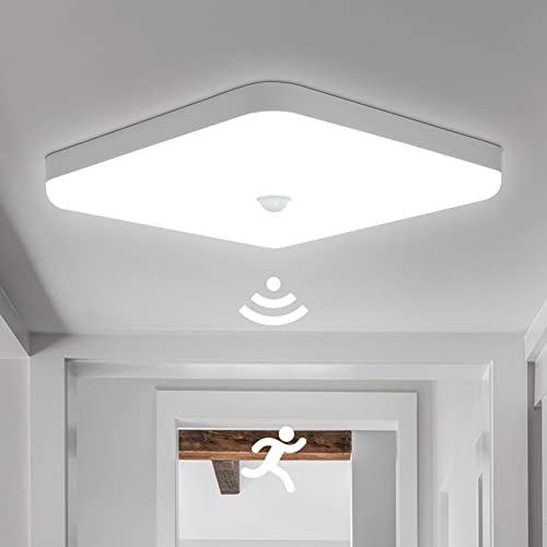25 cm Plafoniera Led con Sensore di Movimento Interno, 30W Lampada Soffitto Quadrata, Bianco Freddo 6500K Plafoniere Rilevatore, IP56 Impermeabile, per Corridoio Garage