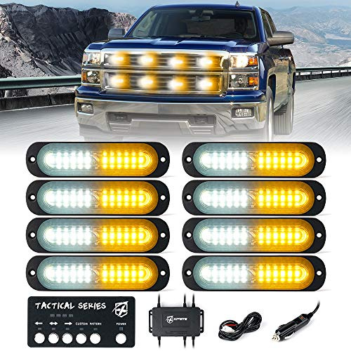 Xprite Lot de 8 feux stroboscopiques à LED blanc ambré à montage en surface pour camion, véhicule, VTT, camping-car, voiture, van