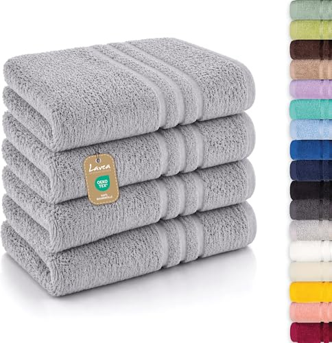 Lavea® 4er Set Handtücher 50x100 cm, Elena Frottiererie, 100% Baumwolle, Saugstark & Weich, Handtücher Set, Waschbar, Trocknergeeignet, Gäste Handtücher, Frottierhandtuch - Silber