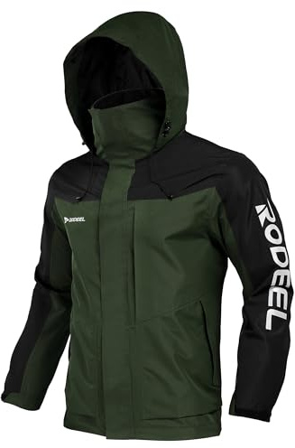 Rodeel Men's Waterproof & Windproof Jacket, Mens Shell Jacket Windbreaker with Foldaway Hood, Coat for Outdoor Camping Hiking Hunting Fishing