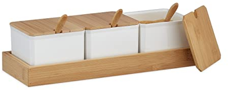 Relaxdays Trío Botes Especias con Tapa y Cuchara, Saleros, Azucareros, Plástico y Bambú, 11x30x13cm, Blanco