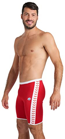 Arena Costume da Bagno da Corsa da Uomo con Icone Core Poly Swim Jammer Slip, Logo Rosso/Bianco, 44