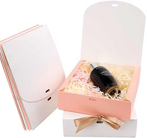 24PCS Chostky Present Kraft Paper Gift Boxes with Lids - Square Presentation Boxes 17 * 17 * 5cm, Bow Ribbon Included - Perfect for Party, Birthday, Wedding, Holiday (White+Pink)