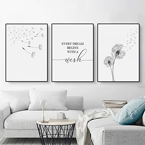 EXQULEG 3er Poster Set Modern Schwarz Weiß Löwenzahn Leinwandbilder Wandbilder, Abstrakte Blume Bilder Set Kunstdrucke Wandposter für Wohnzimmer Deko, Ohne Rahmen (21x30cm)
