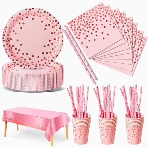 Nkaiso Partyservis barnfödelsedag, 126 stycken rosa och roséguld papperstallrikar barnfödelsedag flicka party set med papperstallrikar, pappersmuggar, servetter och sugrör för 25 gäster