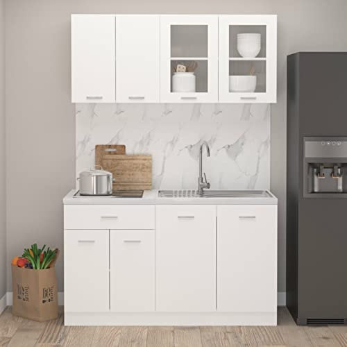Homgoday Set Armadi da Cucina 4 pz Bianco in Truciolato, Salvaspazio Armadietto da Esterno, Mobili Esterno Balcone per Soggiorno, Ufficio, Camera da Letto, Bagno