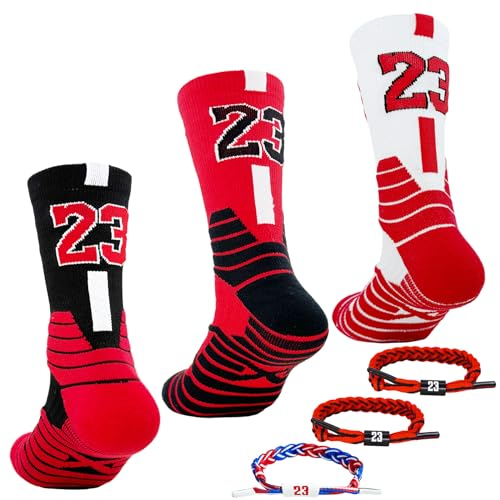 Popuid 3 Pairs Elite Basketball Crew Socks, 23 Mens Athletic Sock with Shoelace Bracelets, League Team Sports-Star-Fans Gift, Set 1, 4.5-12 UK