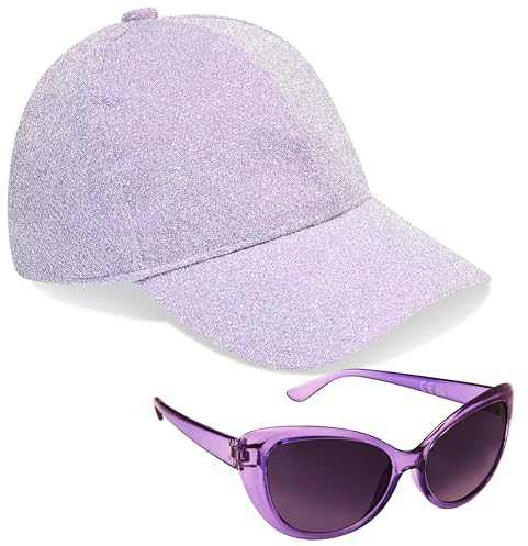 CityComfort Baseball Cap Mädchen, 2er-Set Verstellbarer Basecap & UV-Schutz Sonnenbrille Kinder - Geschenke für Mädchen (Violett Glitzern)