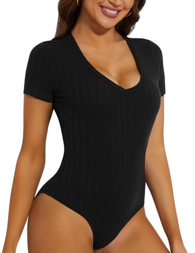WOWENY Body Damen Kurzarm V Ausschnitt Tshirt Bodysuit Gerippt Oberteil Elegant Bequemer Stretch Tops