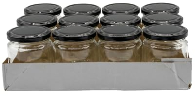 Pack 12 Botes,frascos,tarros,envases de cristal con tapa/cerradura,ideal para almacenaje de comida,conserva,frutas y verduras.Diferentes tamaños y colores. (Negro, 250ml)