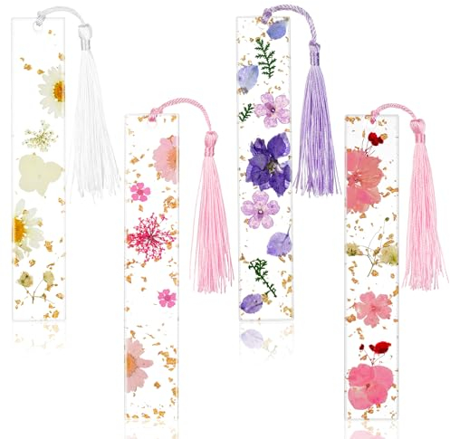 OFFCUP Gepresste Blumen Lesezeichen, 4 Stück Harz Lesezeichen, Lesezeichen Personalisiert mit Quaste Getrocknete Blumen Lesezeichen Harz Blumen Lesezeichen Geschenk für Leser, Lehrer, Studenten