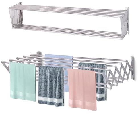Sinbide Étendoir à linge pliable mural extensible 80 cm/100 cm/120 cm avec 9 baleines pour intérieur et extérieur, en acier inoxydable, idéal pour la salle de bain ou le balcon (120 cm)