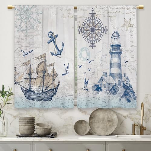 Laifzere Küchengardinen im Vintage-Stil, nautisches Segelboot, Leuchtturm, Kompass, Anker, klein, kurz, Café-Fenstervorhänge, Meer, Ozean, Stangentasche, Badezimmer-Vorhänge, Behandlung, Stufen,