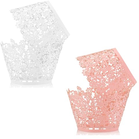 TRKETK 60 Piezas Envoltorios para Magdalenas, Forros de Encaje para Magdalenas Vasos de Papel Artísticos para Hornear Pasteles Moldes Cortados con Láser para Fiesta de Cumpleaños Boda (Blanco+Rosa)