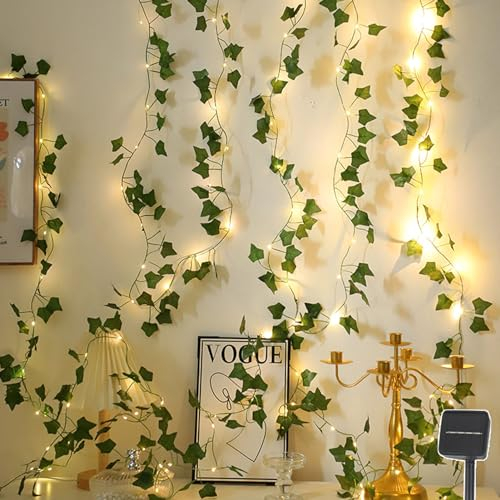 Solar LED Lichterkette Efeu Künstlich, 2M 20 LEDs Efeu Girlande Lichterkette, LED Lichterketten Wasserdicht, 8 Modi Lichterkette Mit Blumengirlande Hängend Pflanzen Für Garten Balkon Deko