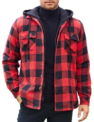 COOFANDY Giacca Camicia da Uomo Casual da Boscaiolo Camicia a Quadri con Cappuccio Giacca Invernale Spessa da Lavoro con Tasche Rosso Chiaro S