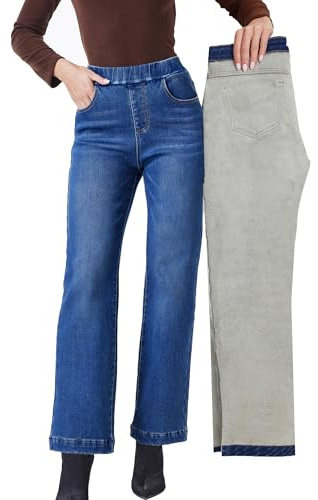Fakanhui Damen Jeans mit weitem Bein, Fleece gefüttert, Winter, Thermo-Flanell, gefütterte Jeans, lockere Schlupfjeans, Blau dunkel, Groß