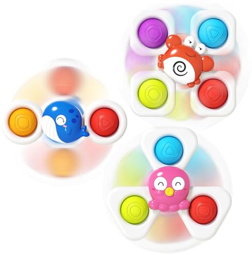 JOVOW Saugnapf Spielzeug Baby, 3 Stück Baby Spielzeug ab 3 6 9 Monate, Badewannenspielzeug, Sensorik Spielzeug für Kinder, Saugnapf Drehspielzeug, Geburtstagsgeschenk für Kleinkinder ab 1 2 Jahre