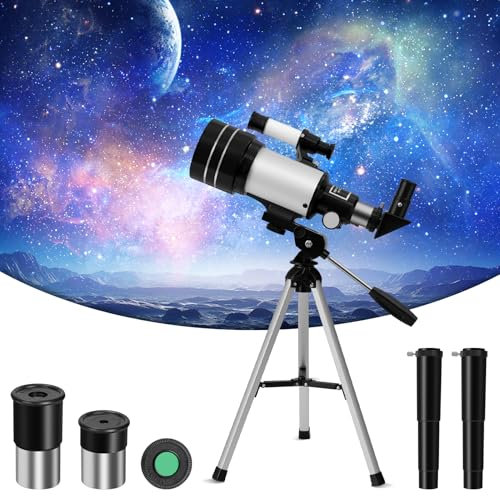 wowspeed Teleskop, Teleskop Kinder Erwachsene Einsteiger, 70mm Öffnung 300mm Refraktor Teleskope, 15X-150X Astronomisches Teleskop mit Stativ, Smartphone Adapter, Geschenk für Kinder